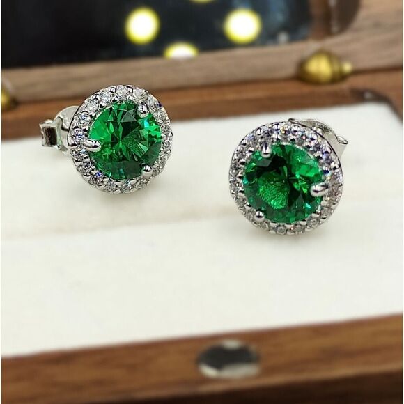 2.50CT Green Emerald Round Cut Halo Luxury Stud Earrings in Sterling Silver - Picture 3 of 11